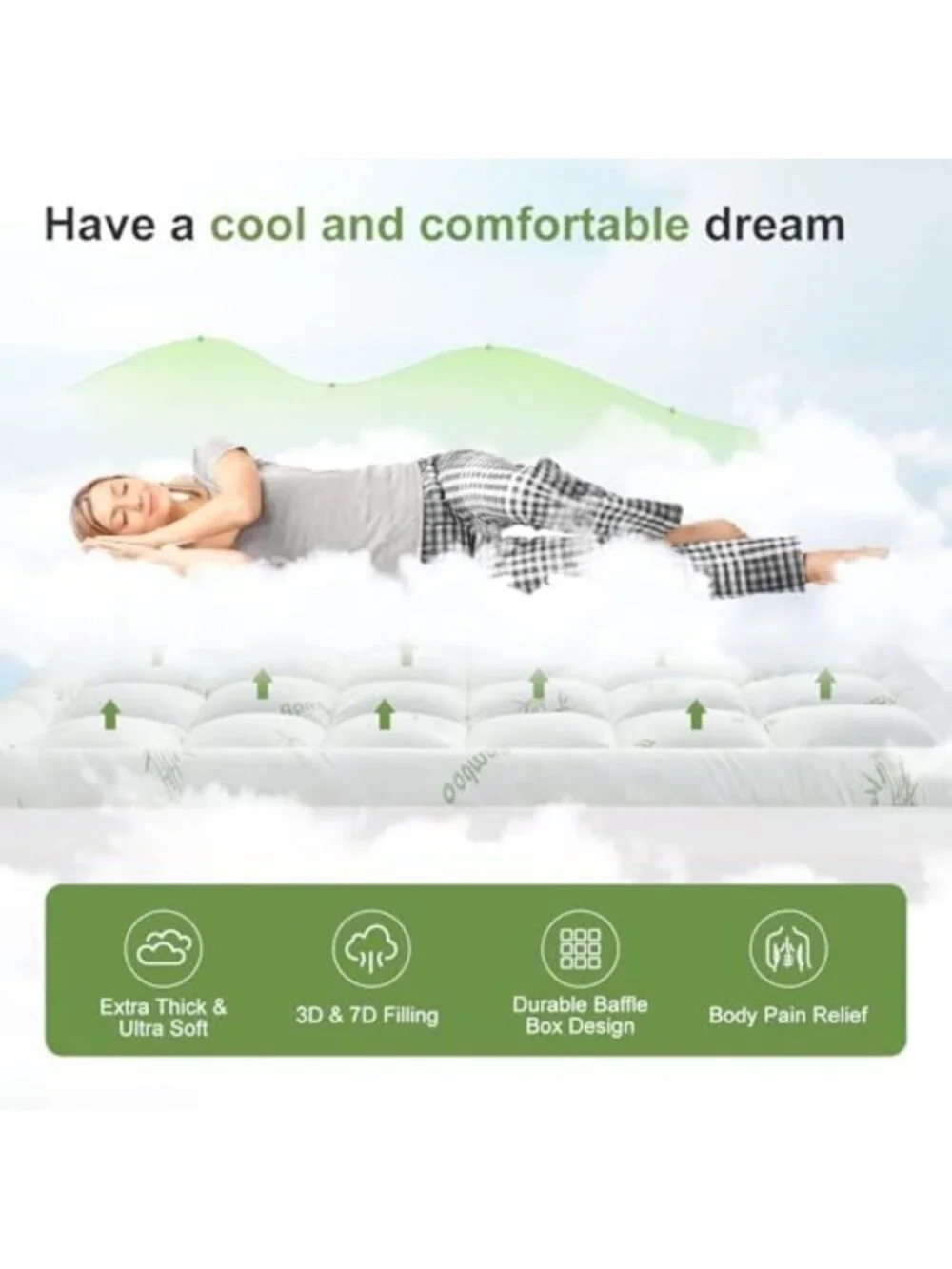 Queen Mattress Topper - Soft Bamboo Pillow Top, Cooling Protector, Deep Pocket